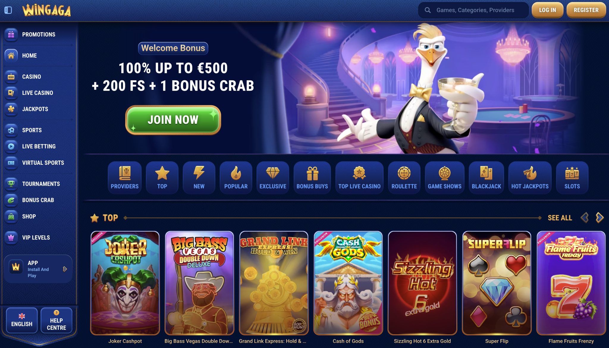 Wingaga Casino Official Website – Get 100% Up to €500 + 200 FS